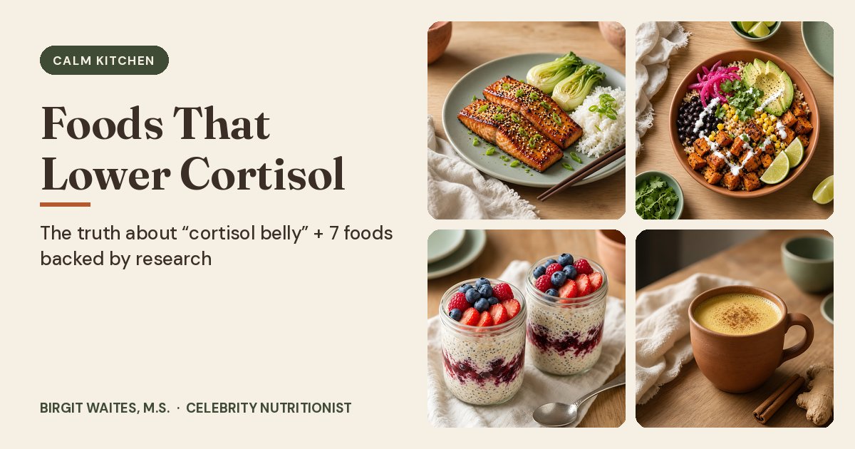 Foods That Lower Cortisol: miso-glazed salmon, a black bean and sweet potato bowl, chia berry overnight oats and a warm golden turmeric latte