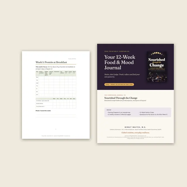 Your 12-Week Food and Mood Journal, a free printable companion to Nourished Through the Change by Birgit Waites, M.S.