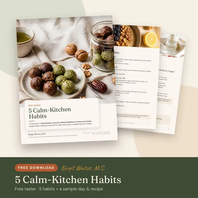 Cover of 5 Calm-Kitchen Habits, a free taster guide by Birgit Waites, M.S.