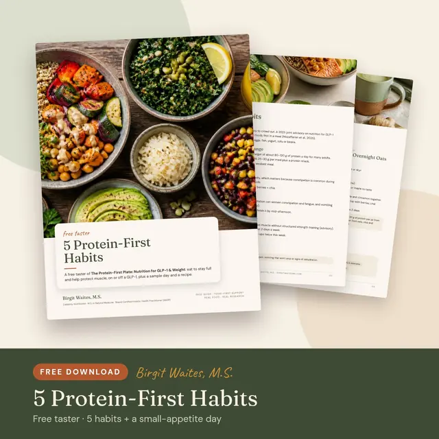 Cover of 5 Protein-First Habits, a free taster guide by Birgit Waites, M.S.
