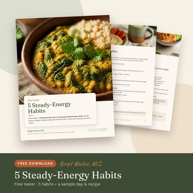 Cover of 5 Steady-Energy Habits, a free taster guide by Birgit Waites, M.S.