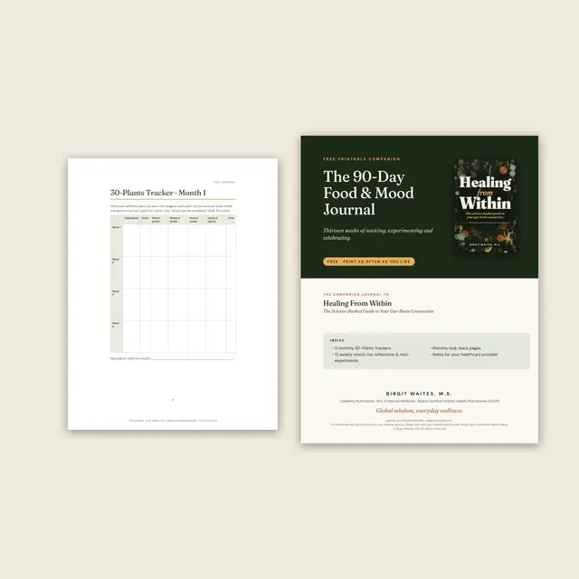 The 90-Day Food and Mood Journal, a free printable companion to Healing From Within by Birgit Waites, M.S.